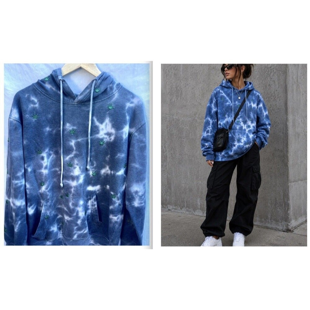 Embroidered 420 -Acid Wash-Cloud Blue-Leaf Alternative-Streetwear Hoodie Large